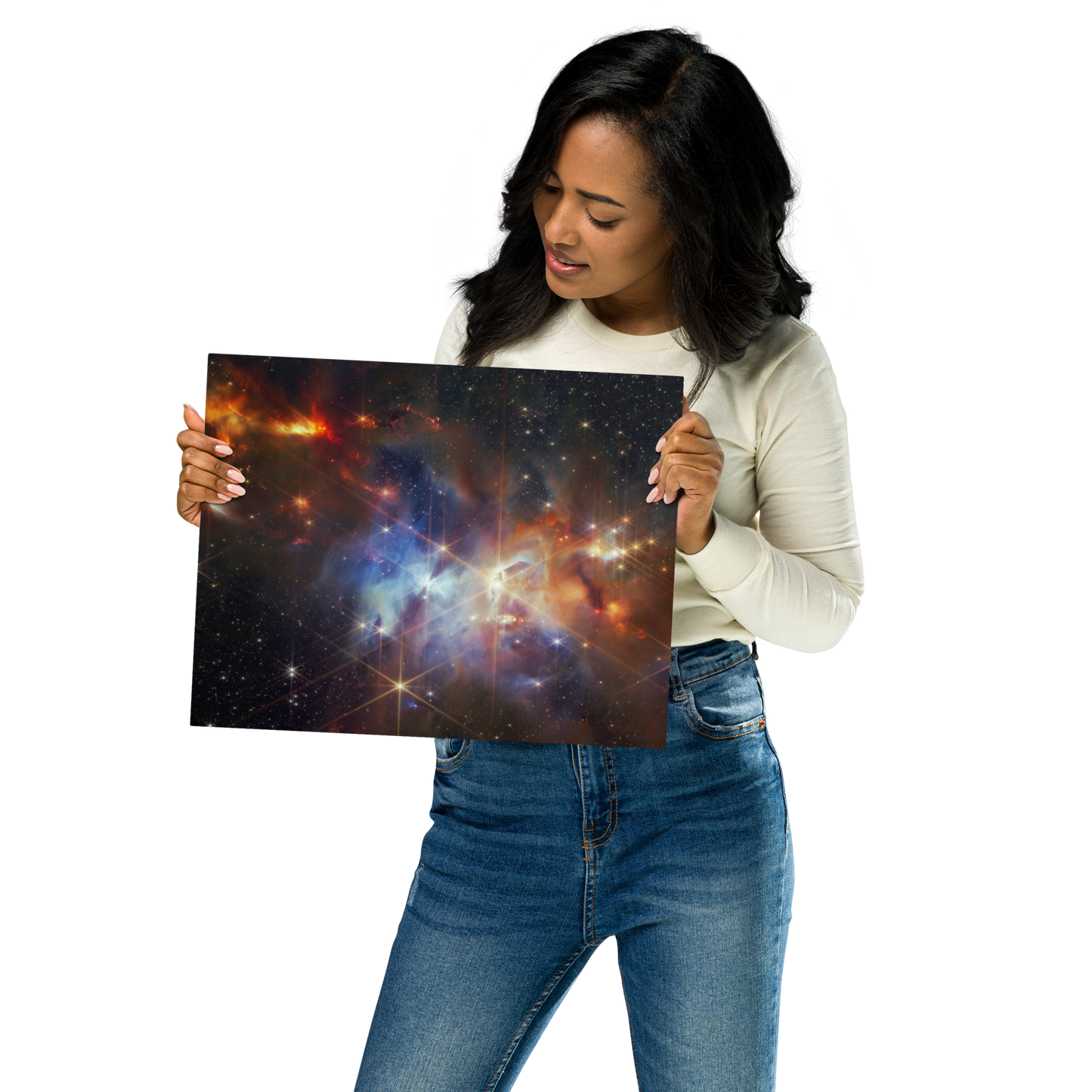 The Serpens Nebula: A Star-Forming Region Captured by JWST Printed on Metal