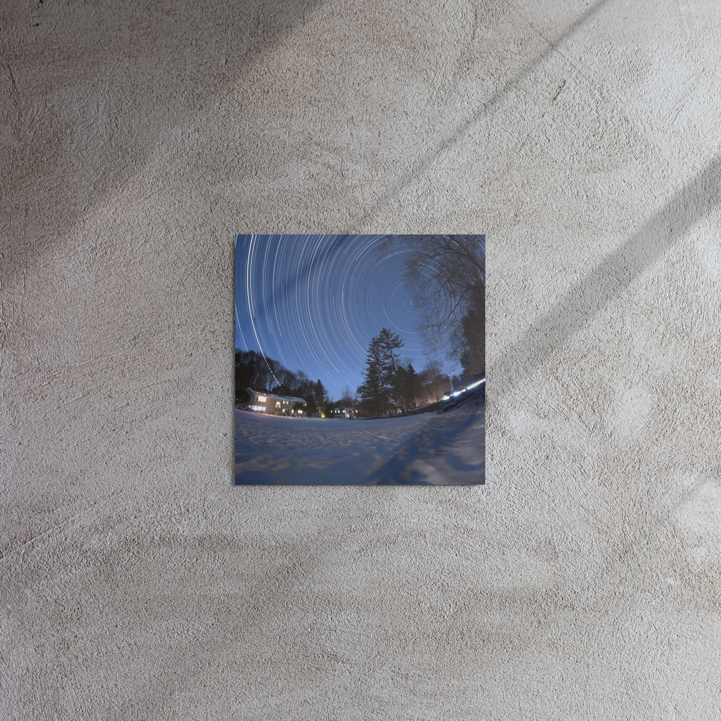 Winter Star Trails Metal Print – Snowy Scene with Starry Sky
