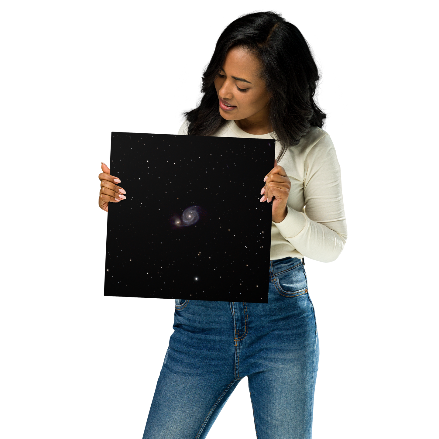 Whirlpool Galaxy and NGC 5195 a Cosmic Dance of Gravity Printed on Metal