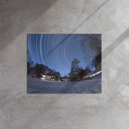 Winter Star Trails Metal Print – Snowy Scene with Starry Sky