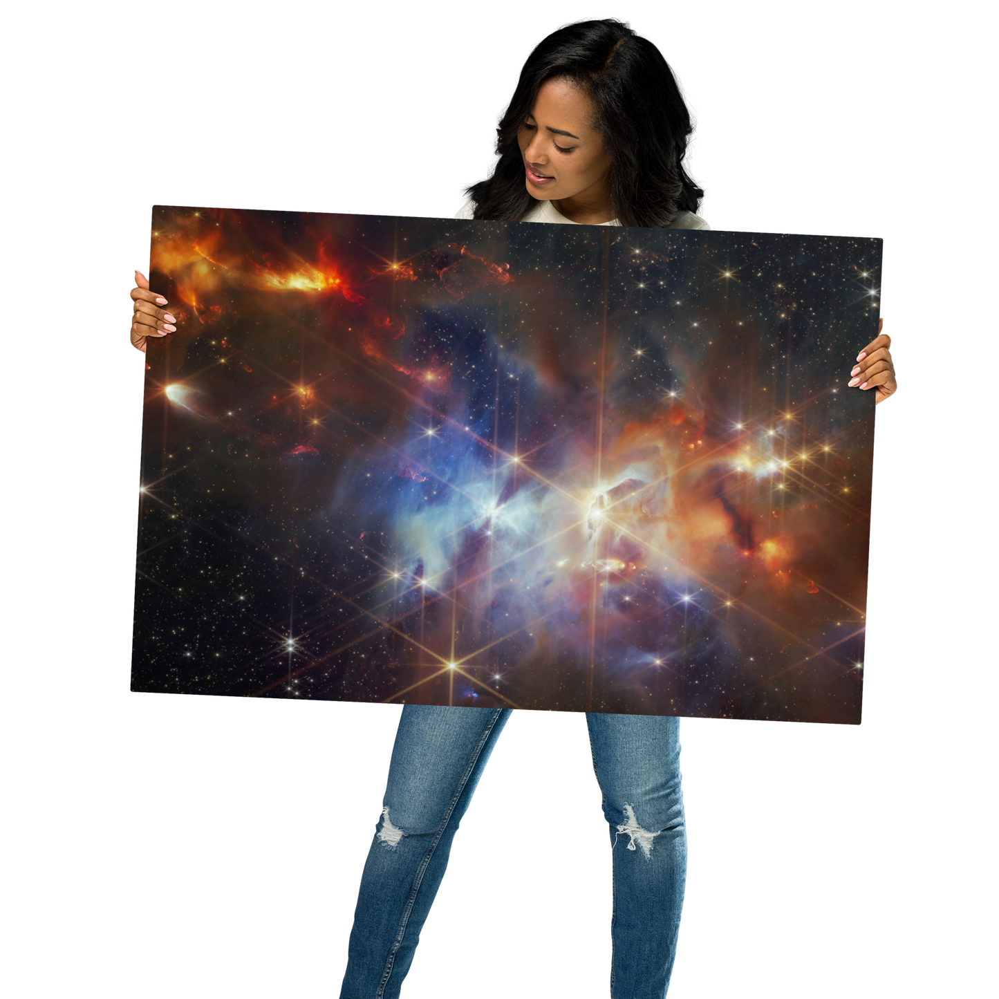 The Serpens Nebula: A Star-Forming Region Captured by JWST Printed on Metal