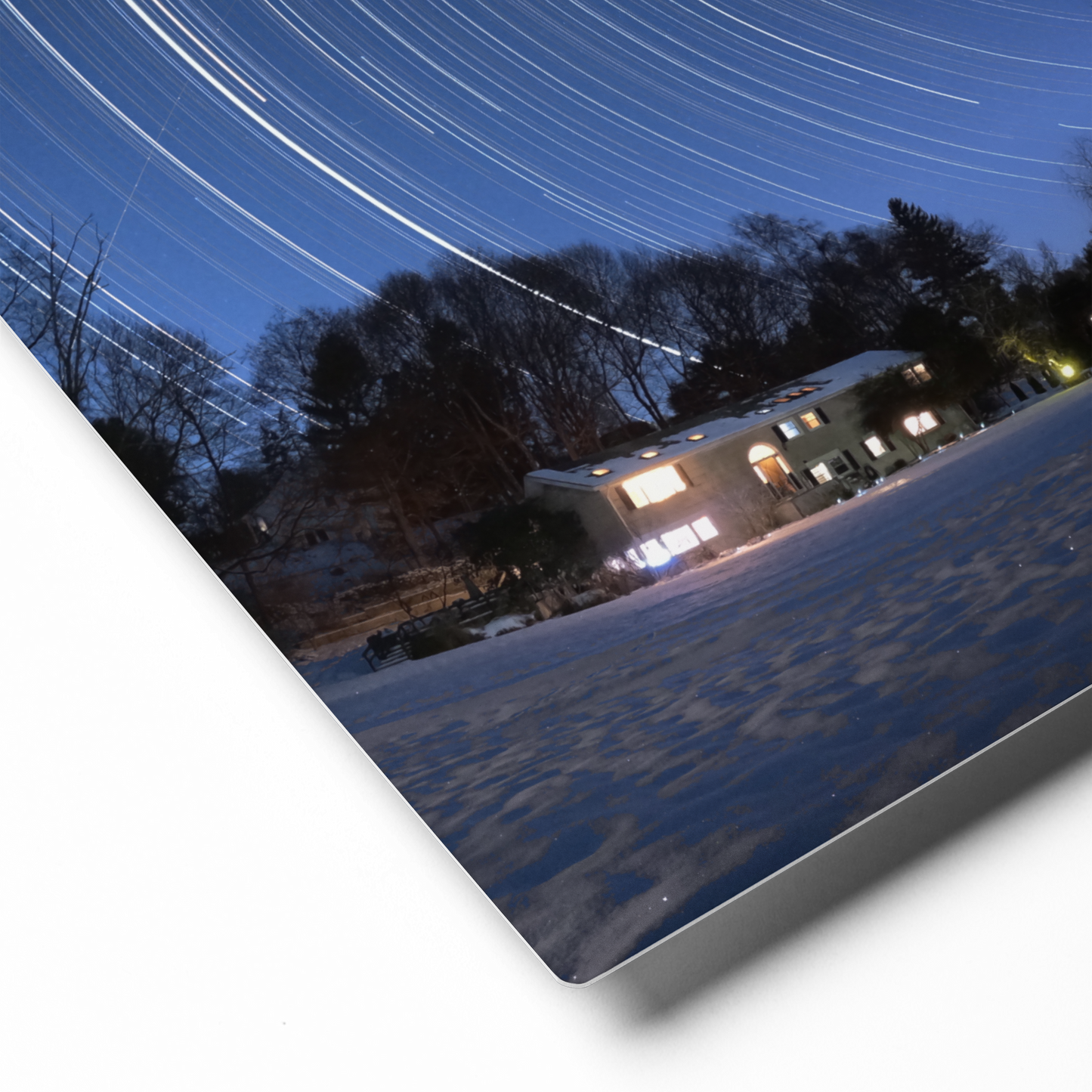 Winter Star Trails Metal Print – Snowy Scene with Starry Sky