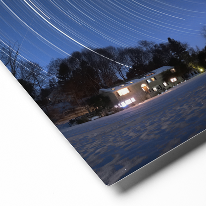 Winter Star Trails Metal Print – Snowy Scene with Starry Sky